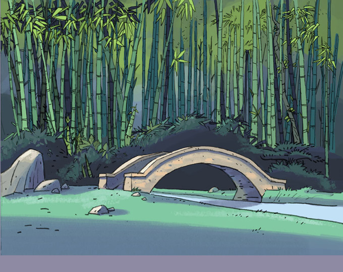 Décor définitif du film : le pont et le buisson de bambou