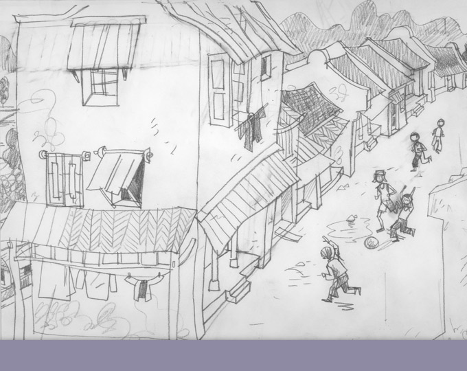 Esquisse de décor : une rue de village en Chine 