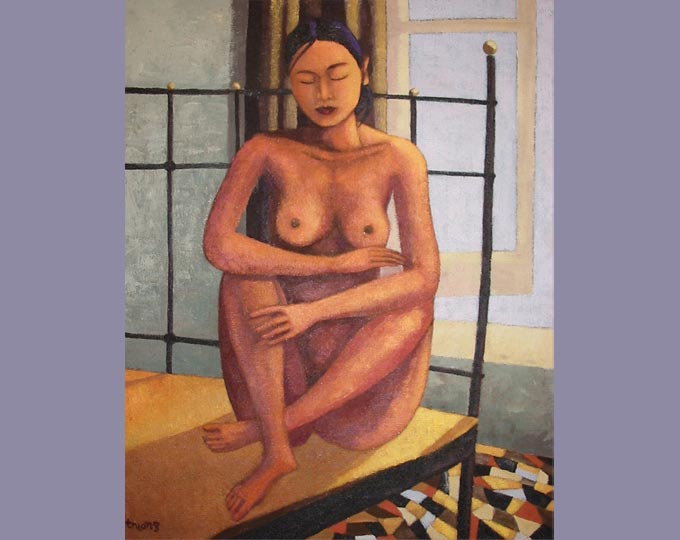 Femme au rideau brun